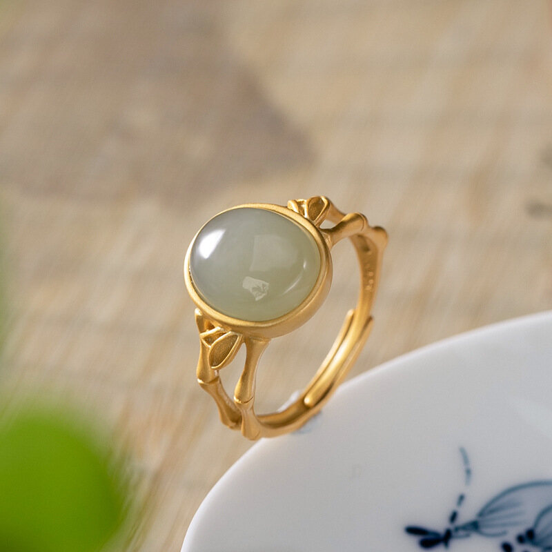 TIMESWIND Nhẫn Nữ Bằng Tre Cá Tính Ngọc Bích Hetian Xanh Tự Nhiên Mạ Vàng Bạc 925 Cổ Điển, Với Giấy Chứng Nhận Y1R