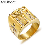 Thời Trang Kemstone Nhẫn Chúa Giêsu Thánh Giá Đá Zirconia Màu Vàng Titan Dành Cho Nam Quà Tặng Trang Sức