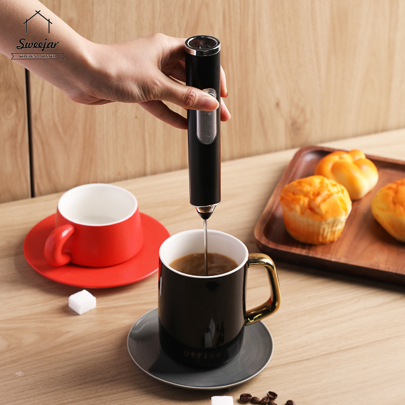 Sweejar máy tạo bọt sữa bằng điện máy trộn màu trắng trứng máy xay cà phê bằng thép không gỉ máy tạo bọt kèm cáp sạc usb đầu đánh trứng phụ