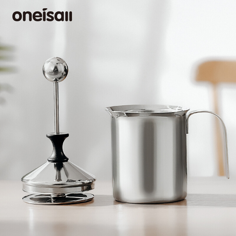 Máy Tạo Bọt Sữa ONEISALL Foamer, Bình Tạo Bọt Cà Phê Cappuccino Bằng Inox Có Tay Cầm Và Nắp, Lưới Đôi