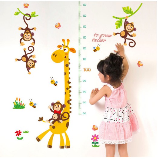 Giấy dán tường decal đo chiều cao - động vật - vườn thú dán tường cho bé yêu
