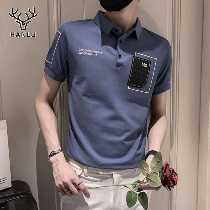 Hanlu áo thun có cổ cho nam áo thun ngắn tay có ve áo thương hiệu thời thượng màu xanh denim tay ngắn áo thun nam