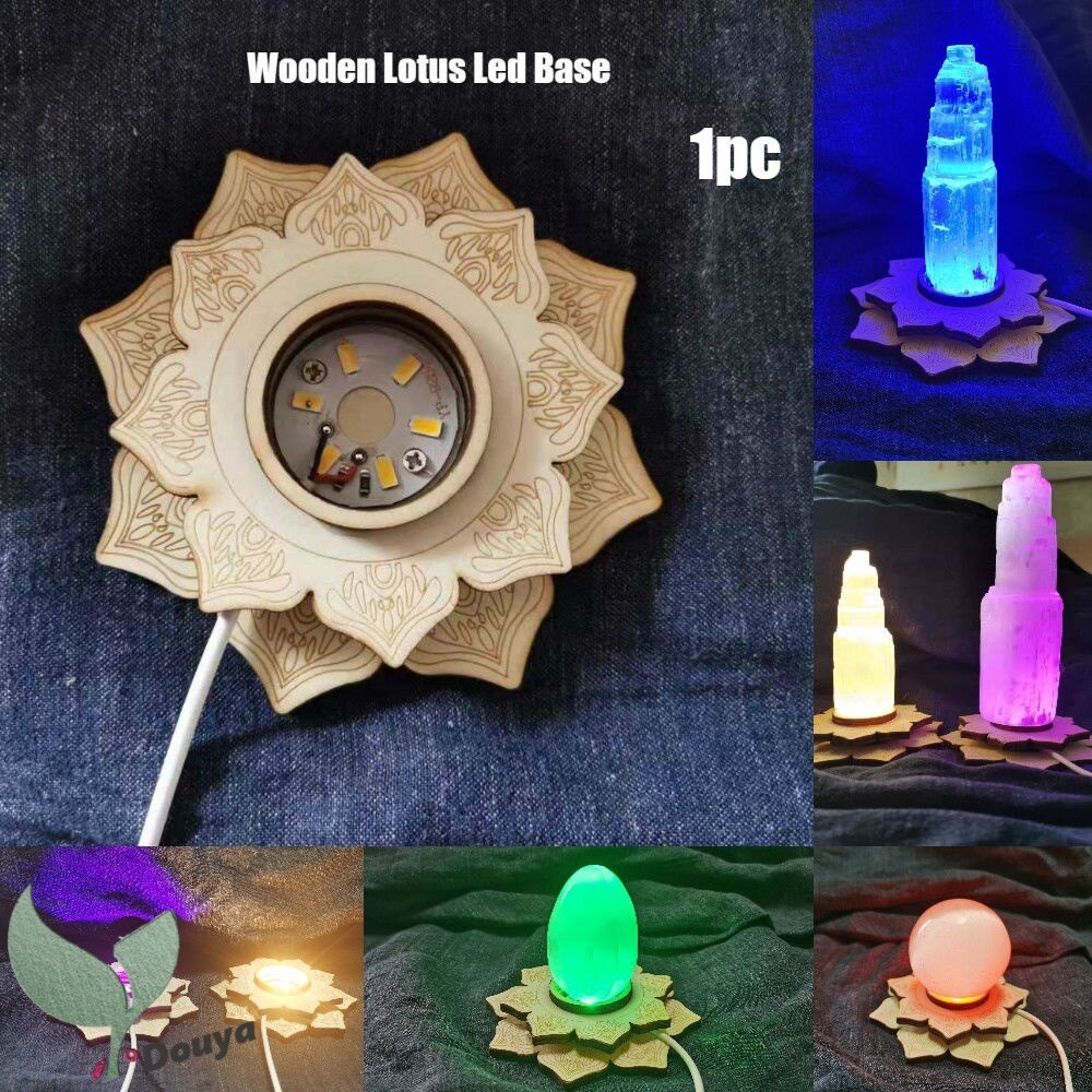 Đế đèn ngủ led gỗ nguyên miếng hình hoa sen đèn muối tự làm đèn selenite, đèn đá quý nguồn cung cấp tinh thể thủy tinh đế trưng bày vật trong suốt