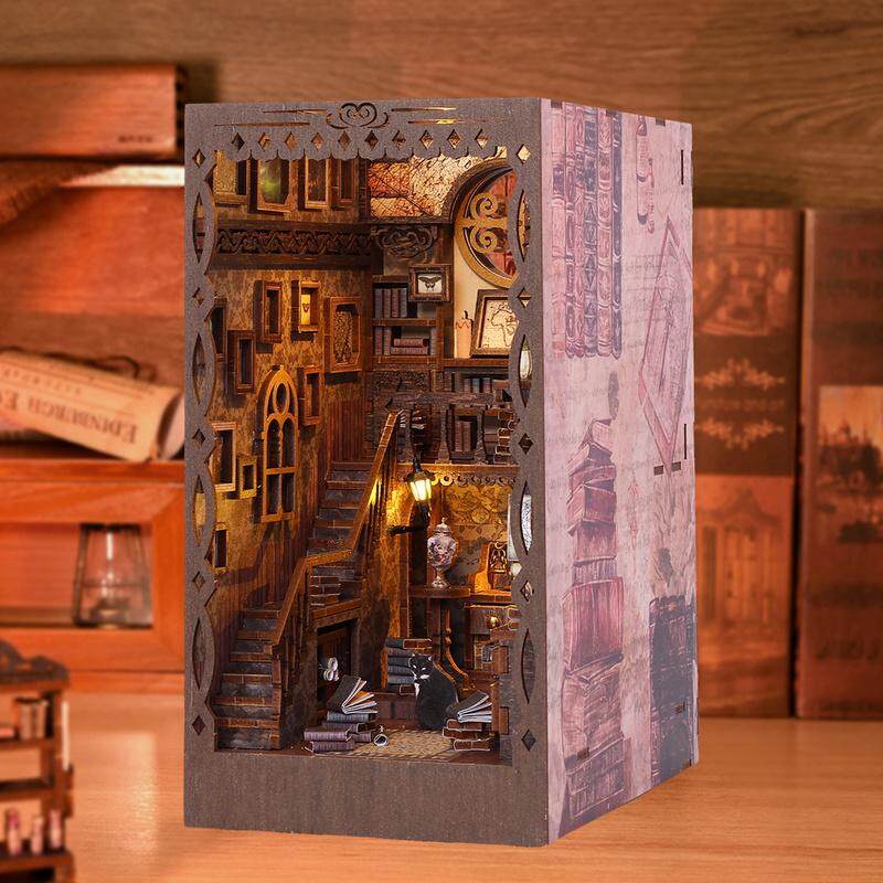yhrtfghbb DIY Book Nook Kit 3D Wooden Puzzle Bookshelf Insert Decor with