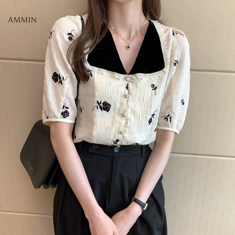 AMMIN Áo Voan Một Hàng Khuy Có Khóa Cài Ngọc Trai Ngọt Ngào Và Thanh Lịch 2021 Áo Cardigan Ngắn Tay Xếp Ly Thêu Hoa Hồng Có Ve Áo Cổ Điển Mùa Hè Phong Cách Mới, Áo Cánh