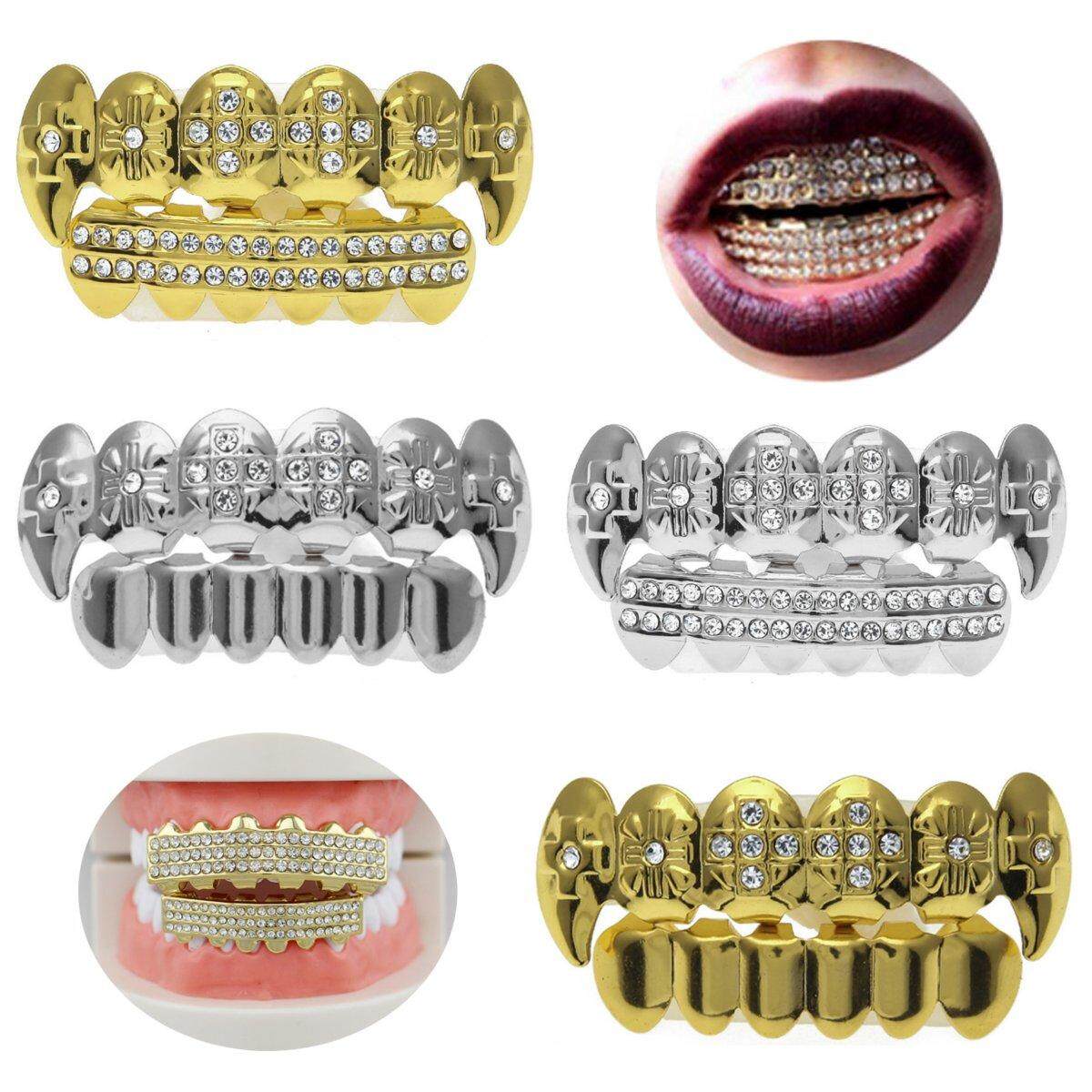 Generic Gold Silver Rhinesto Plated Hip Hop Teeth Grillz Top Bottom