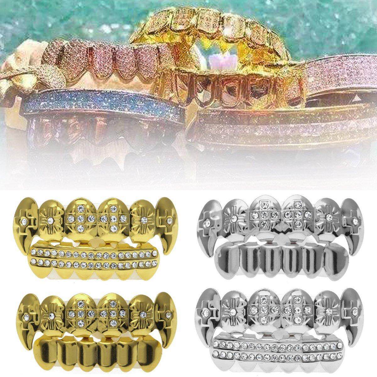 Generic Gold Silver Rhinesto Plated Hip Hop Teeth Grillz Top Bottom