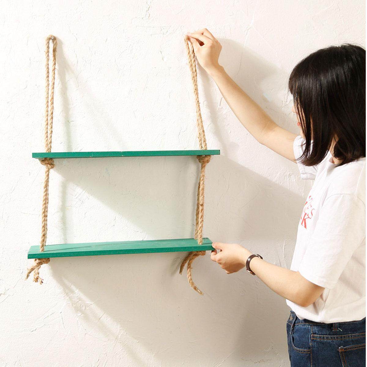 Generic Hanging Wall Shelf Storage Wood Rope Swing Shelves Plant Stand