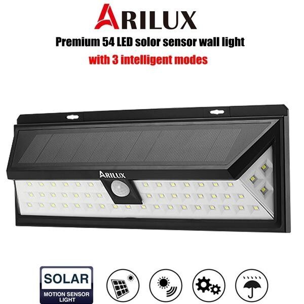 ARILUX SOLAR 54 LED PIR เซ็นเซอร์ตรวจจับการเคลื่อนไหว Wall ไฟสวนกลางแจ้งกันน้ำสีดำ ARILUX SOLAR 54 LED PIR เซ็นเซอร์ตรวจจับการเคลื่อนไหว Wall ไฟสวนกลางแจ้งกันน้ำสีดำ