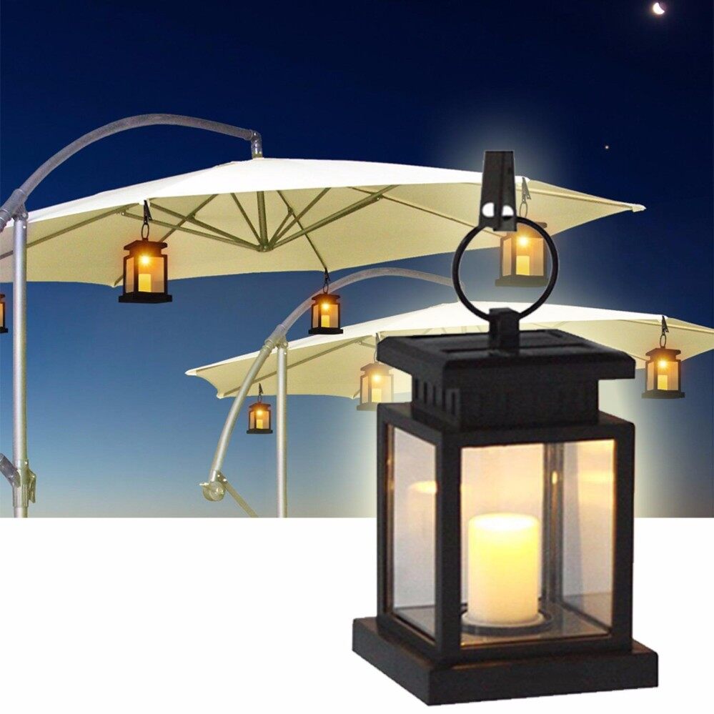 Outdoor Solar Powered Hanging Umbrella Lantern Led Candle Lights with Clamp for Beach Umbrella Tree Pavilion Garden Yard Lawn