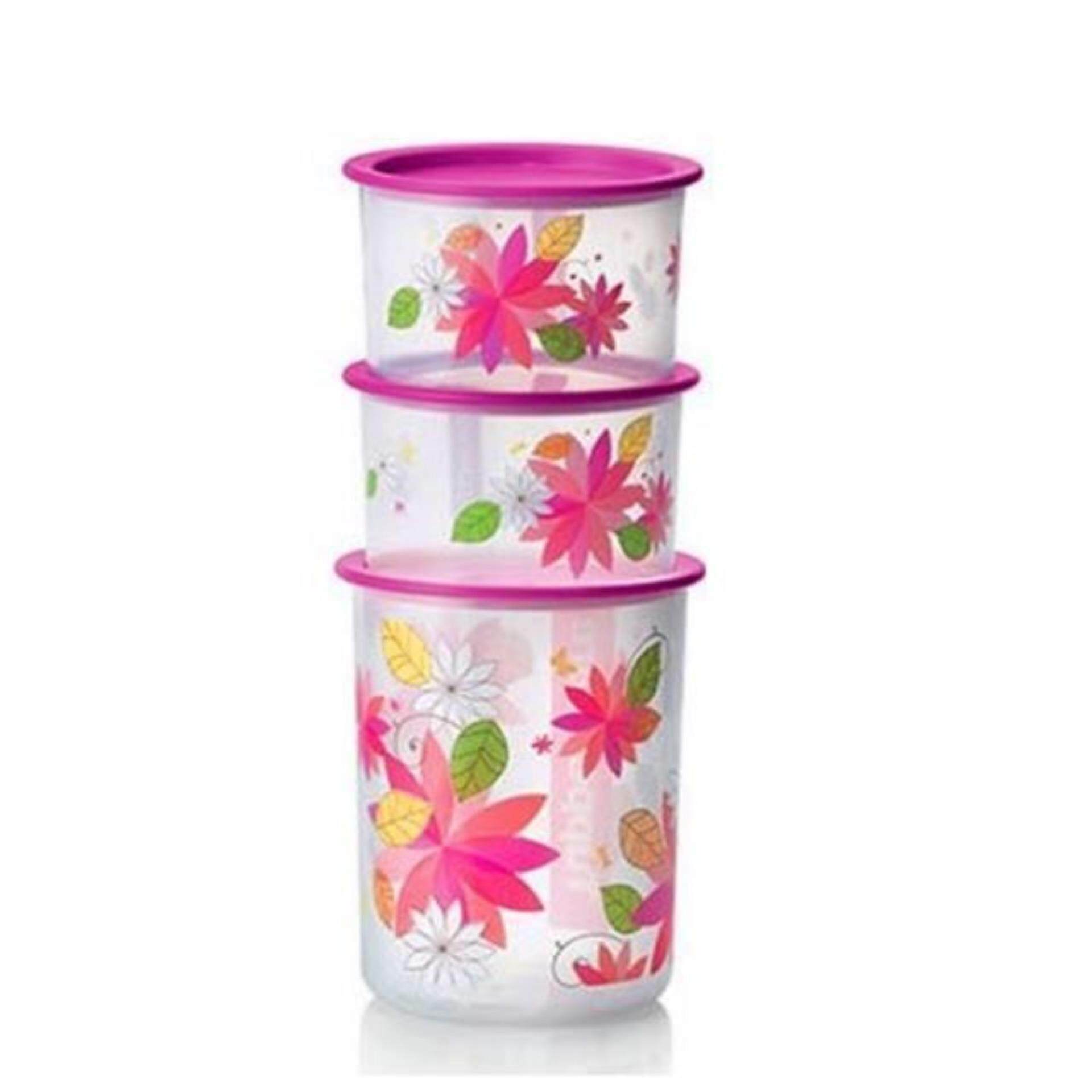 Tupperware One Touch Pink Blossom (3)pcs Set - (600ml x2 and 1.25L x1)