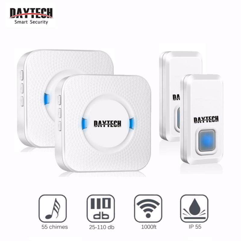 Wireless doorbell easily installed with waterproof IP55 alarm push button, Plug-in and play receiver no battery required. Remote button with 55 chime ring tones. Adjustable volume from 110db. 