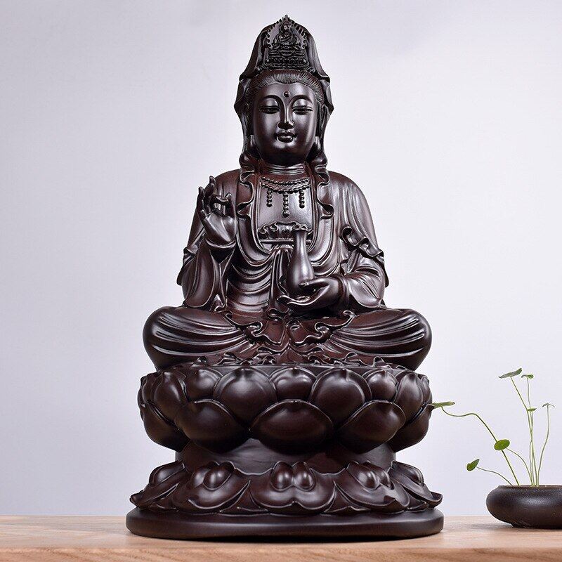 Tượng quan âm hoa sen chạm khắc bằng gỗ nguyên khối, lê nghệ tây, tượng phật bằng gỗ đàn hương đen đồ trang trí phong thủy gia đình 13-20cm
