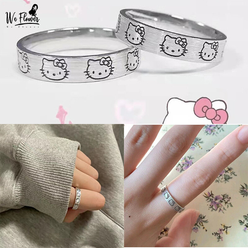 Nhẫn hello kitty dễ thương hoạt hình we flower nhẫn đầu mèo đầy đủ cho học sinh nhẫn kim loại điều chỉnh được hình mèo kt nhẫn đôi quà tặng bạn gái