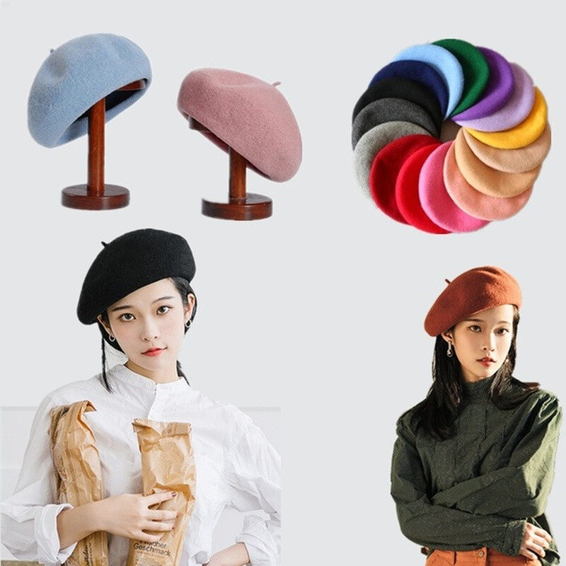 Mũ nồi kiểu pháp cho nữ mũ nồi ngoài trời mùa thu đông mũ trơn phong cách đường phố mũ len ấm áp cho nữ mũ beanie cho nữ