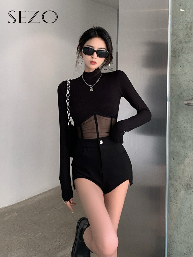 Sezo áo thun ngắn tay khâu vải tuyn phong cách hàn quốc cho nữ