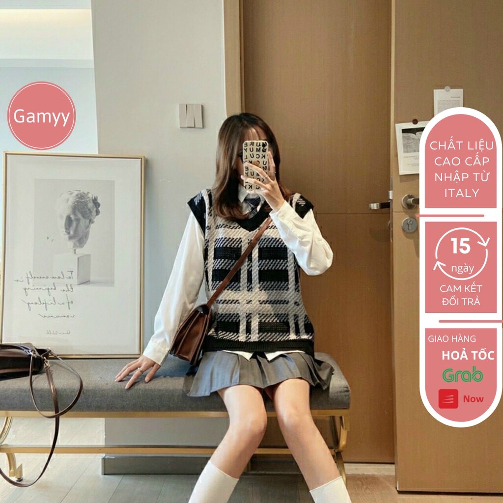 Áo gile len gamyy áo gile len nữ kẻ phong cách hàn quốc dày dặn