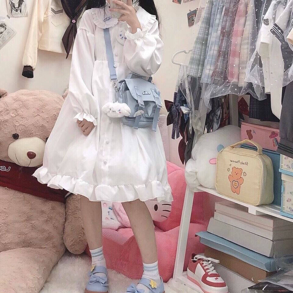 Lolita soft girl fairy dress spring Japanese style soft girl doll collar lace up ruffled dress cute female