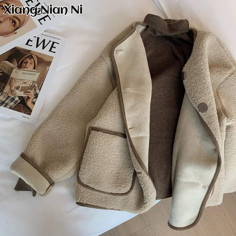  XIANG NIAN NI  Áo Khoác Len Lông Cừu Cho Nữ Áo Lót Lông Cừu Cắt Xén Dáng Rộng 11.11 Biggest Sale 