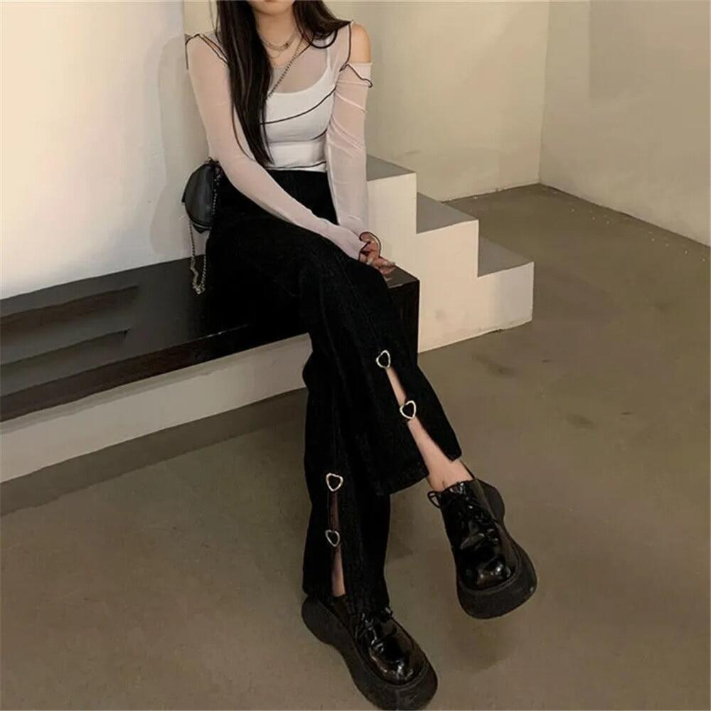 Peach Quần Jean Màu Đen Gothic Chắp Vá Xẻ Trái Tim Quần Denim Ống Rộng Cạp Cao Phong Cách Hàn Quốc Mới Mùa Thu Cho Nữ Hàn Quốc