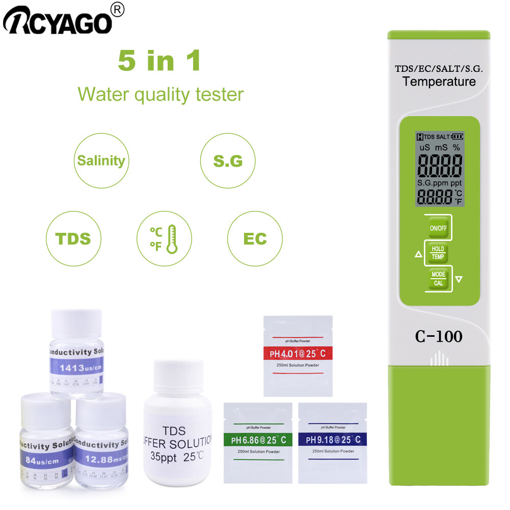 RCYAGO C-100 Máy Đo Độ MặN 5 Trong 1, TDS/EC/Muối/ Đồng Hồ Đo S