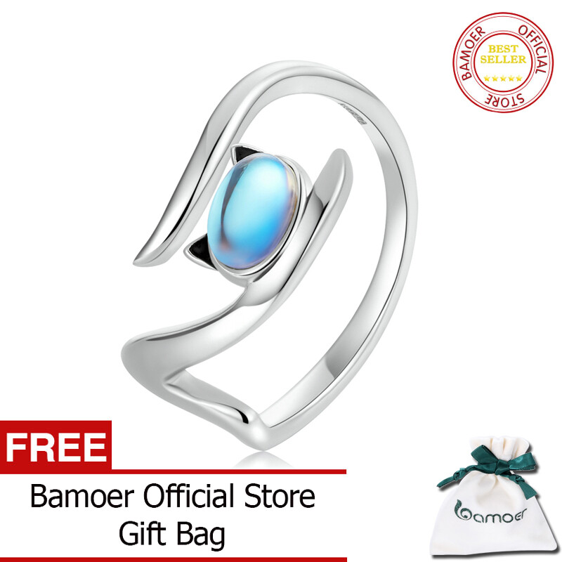 BAMOER Nhẫn Hở Hình Mèo Đá Mặt Trăng Bằng Bạc Ý 925 Thật Cho Nữ Nhẫn Cô Gái Hợp Thời Trang Mới Trang Sức Bản To Cho Nữ Quà Tặng Exqusite SCR783