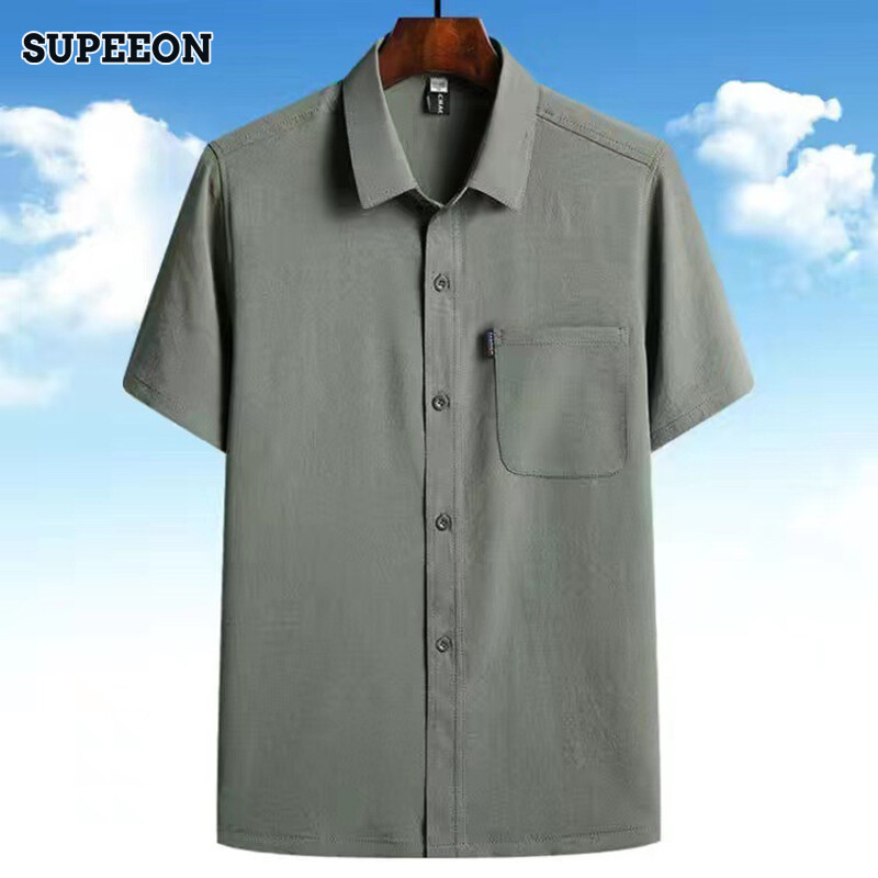 SUPEEON Men s Summer thin Ice silk solid color short sleeve shirt loose