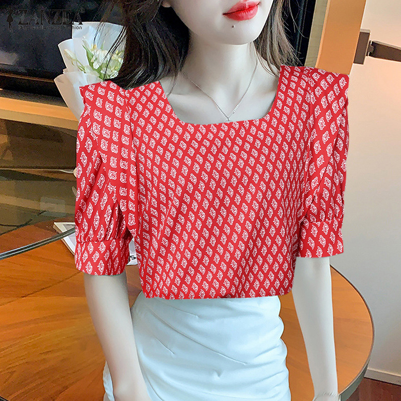 Zanzea áo kiểu công sở thường ngày in họa tiết cho nữ áo chui đầu cổ vuông ol đi làm công sở #11