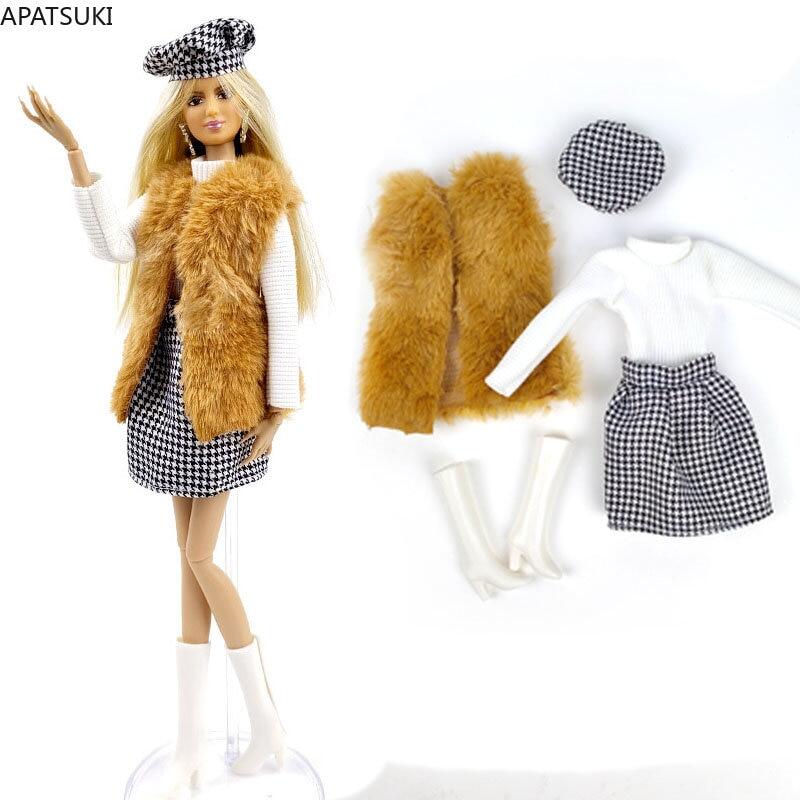 Fur Fashion Doll Clothes Set For Barbie Doll Outfits Plaided Dress Vest
