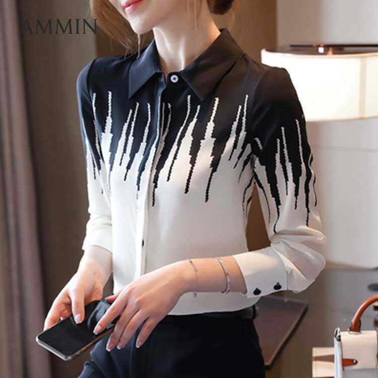AMMIN Áo Voan Nữ Dài Tay Màu Trắng Đen In Hình Mới Phong Cách Hàn Quốc, Áo Cánh Công Sở Thường Ngày