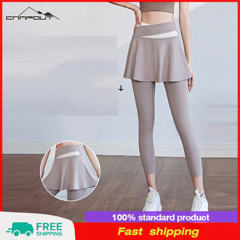 【CAMPOUT Quần Chạy Bộ Thể Thao Khối Màu Quần Tập Nâng Hông Cạp Cao Quần Tập Yoga Giả Hai Lớp Che Hông 