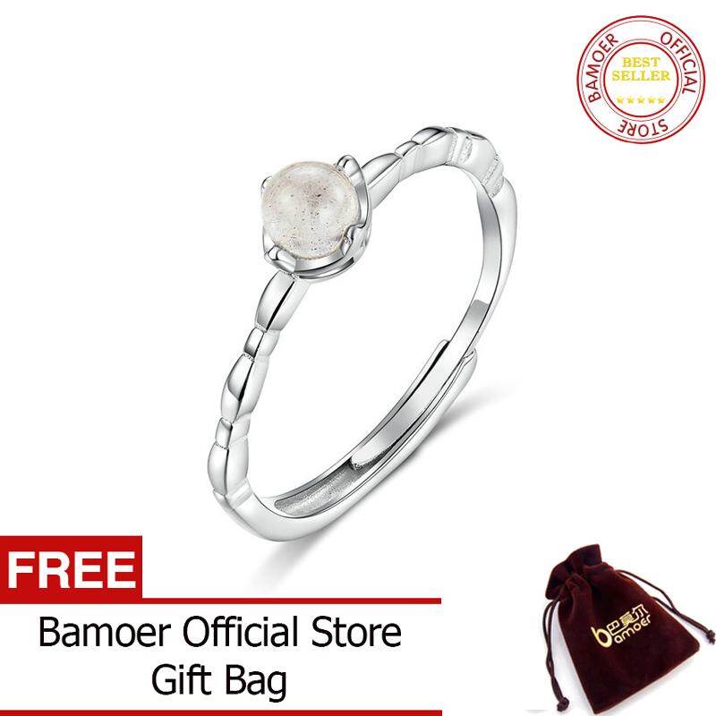 BAMOER Nhẫn Đá Mặt Trăng Tự Nhiên Dây Đeo Ngón Tay Mỏng Bằng Bạc Ý 925 Chính Hãng Cho Nữ Quà Tặng Trang Sức Phong Cách Bohemia SCR536