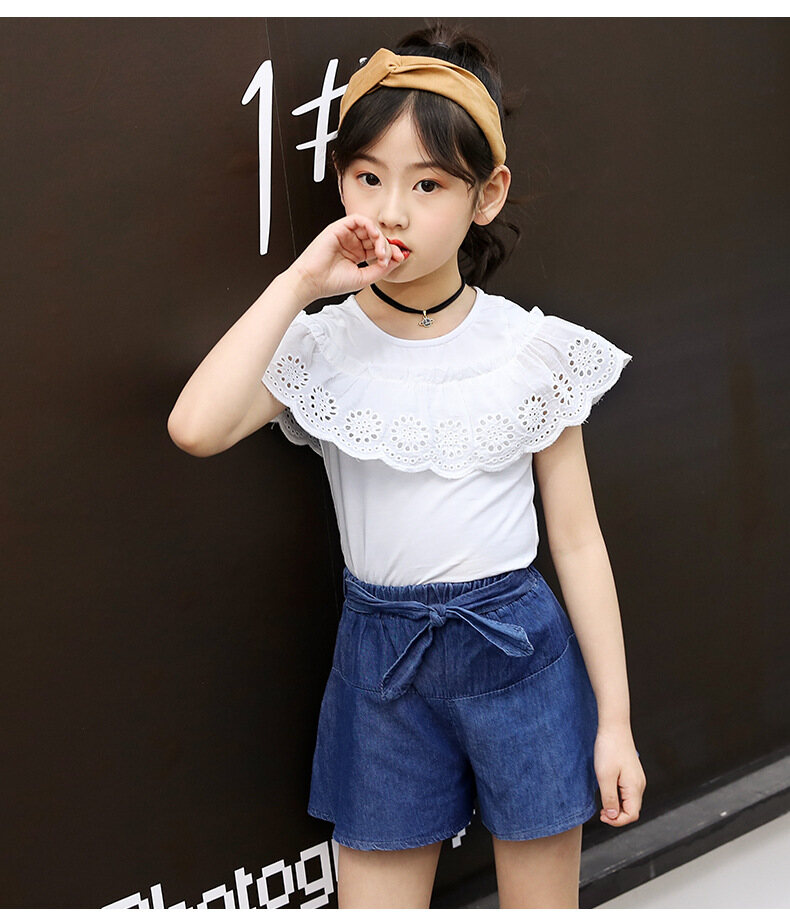 Quần Short Denim In Chữ Cô Gái Tay Ngắn Phù Hợp Với In Quần Áo Trẻ Em Áo Thun Hai Bộ Chi Tiết 2020 Xu Hướng Mùa Hè Thời Trang Mới