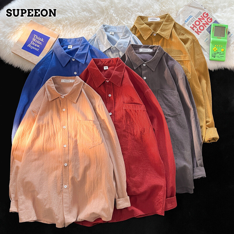 Supeeon丨áo sơ mi vải lanh cotton cho nam áo sơ mi dài tay cho nam áo khoác thường ngày dáng rộng áo sơ mi cơ bản