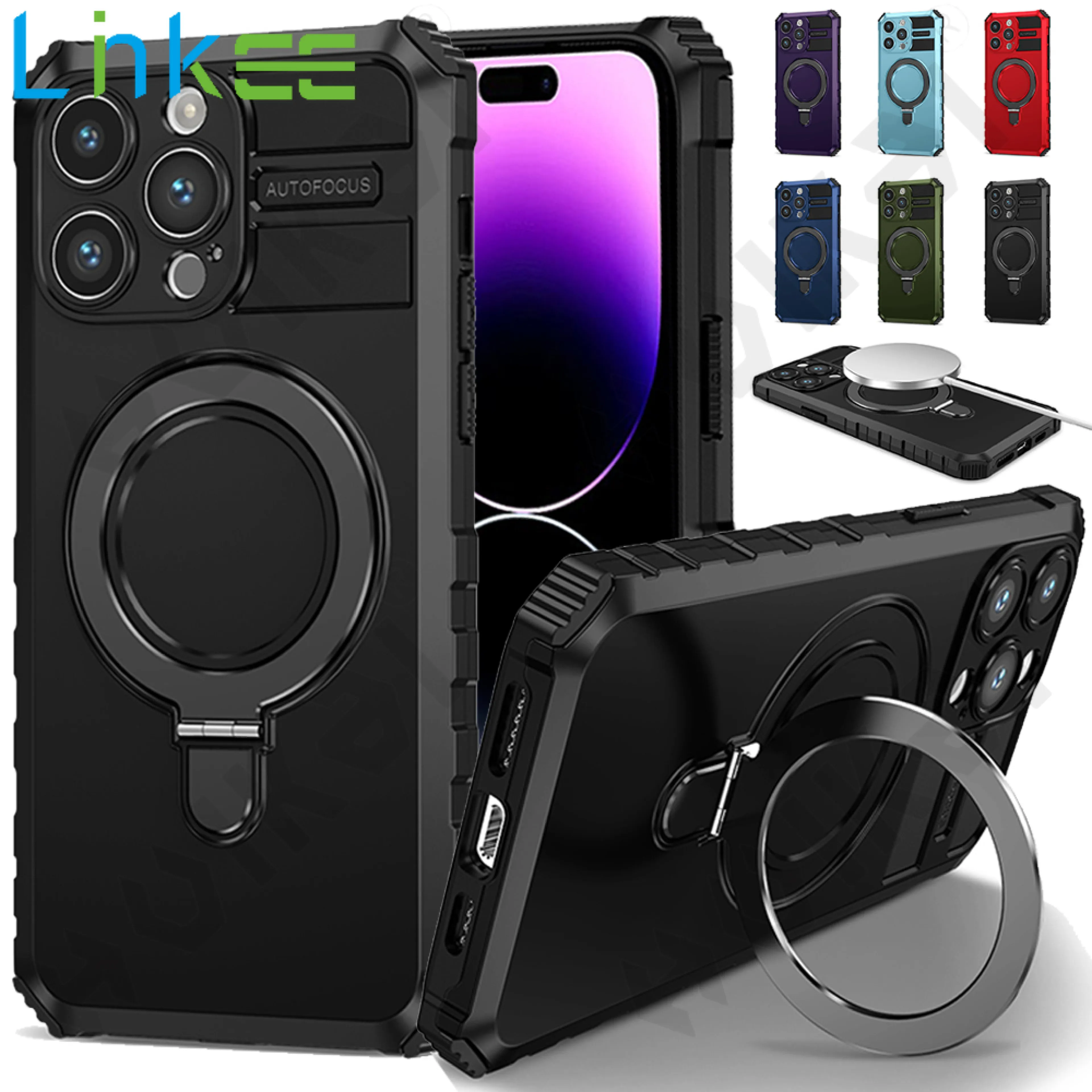 For Apple iPhone 15 14 13 12 11 Pro Max Plus Phone Case, MagSafe Camera Slide Protector Ring 360 Rotate Kickstand Shockproof Magnetic Cover