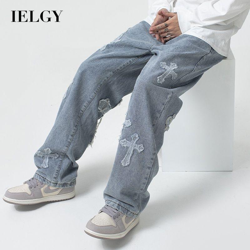 IELGY men's handsome loose high street patch jeans