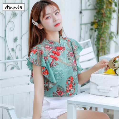 Áo Voan In Hoa AMMIN, Áo Cánh Ngắn Tay, Có Khóa, Cổ Điển, Bay Lượn, Mặc Mùa Hè