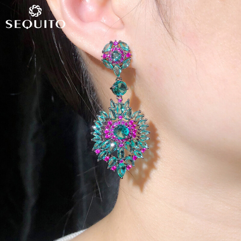 Sequito bông tai toòng teng hình hoa cz màu xanh lá nhạt dài cổ điển thiết kế mới trang sức boho boho dân tộc cho nữ se218