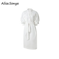 COD Alisa.Sonya Women V Neck Loose Plus Size Long Sleeves White Dresses Korean Style with  Belt  Side split Cotton Breathable Women Shirt Dresses