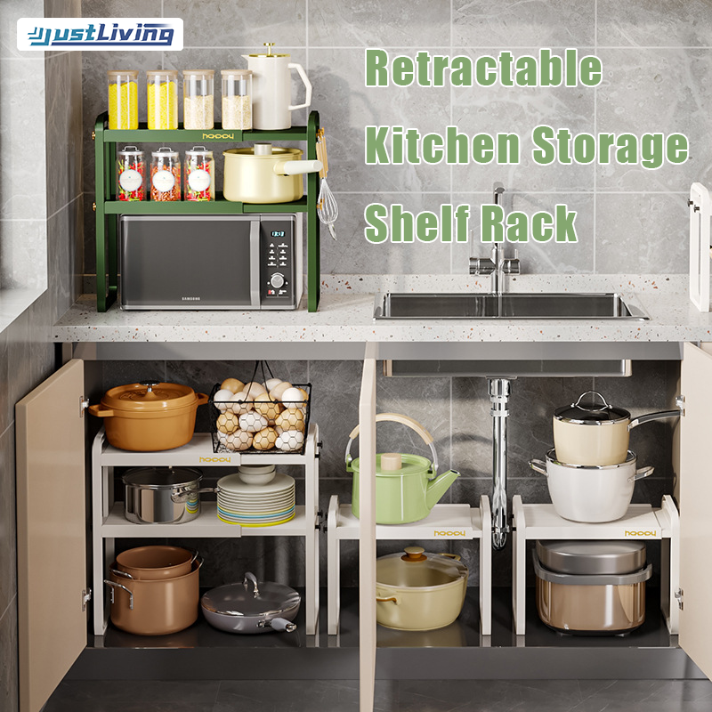 JustLiving Retractable Kitchen Shelf Rack MAX 58CM Width Plastic Double-layer Microwave Oven Rice Cooker Shelf Adjustable Household Countertop Storage Rack ราคา 828 บาท*ส่งฟรี