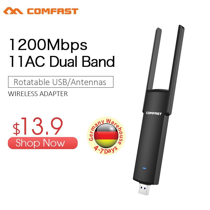 COMFAST USB อะแดปเตอร์ WiFi 1200 Mbps 2.4 GHz + 5.8 GHz แถบคู่เครื่องส่งสัญญาณไวไฟปลั๊กแอนด์เพลย์ AC การ์ดเน็ตเวิร์กเสาอากาศ WiFi USB CF-926AC