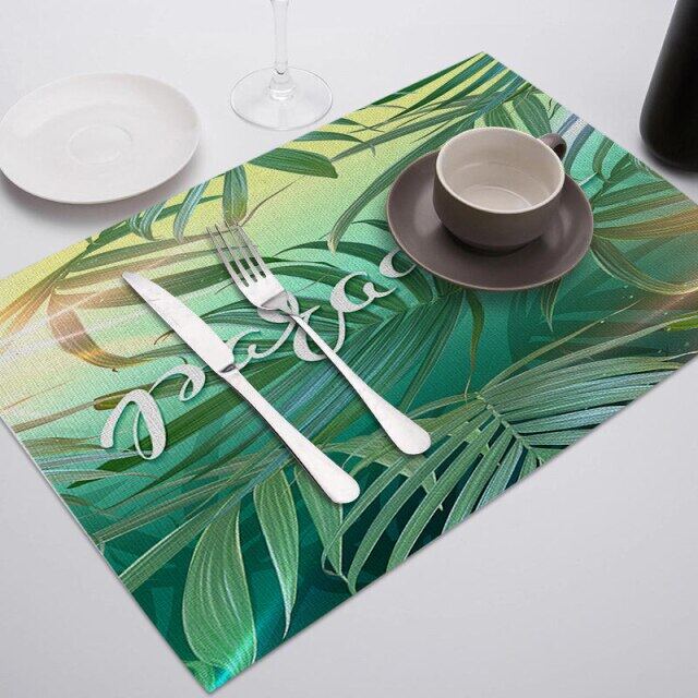 ลายใบไม้เขียว Placemats สำหรับโต๊ะทานอาหารเสื่อใบ Photo แผ่นรองแก้วตกแต่งบ้านร้านอาหารบนโต๊ะอาหารผ้าเช็ดปาก