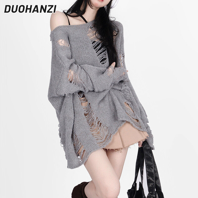 DUOHANZI Women's knitted sweater Korean niche sloping shoulder top Loose hole hollow sweater long sleeves