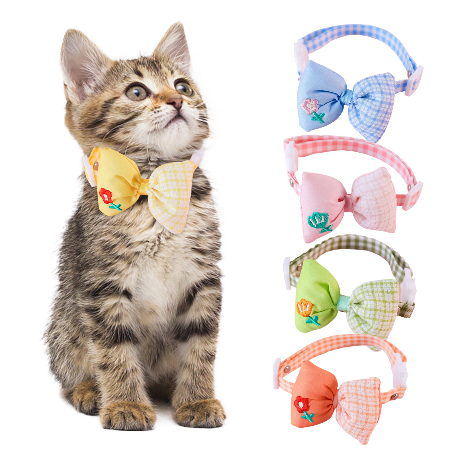 DADAGOU Cat Collar Adjustable Flower Embroidery Pet Cat Dog Plaid Print Bowknot Collar Daily Collocation Pretty Dog Neck
