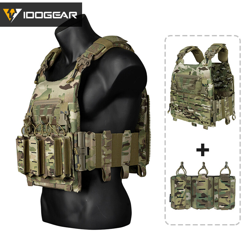 IDOGEAR LSR Tactical Vest with 556 9mm Triple Magazine Pouch Quick Release Buckle Laser Cut Plate Carrier with 556 762 Magazine Side Pouch MOLLE YKK Zipper Lightweight Military Wargame Army Gear Camping Hiking Tactical Vest Multicam