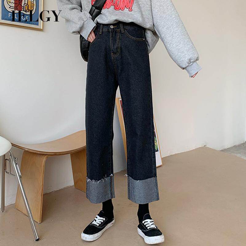 IELGY quần jean nữ lưng cao   Cho Nữ, Quần Denim Cạp Cao Thời Trang Phong Cách Hàn Quốc, Mỏng, Ống Rộng, Mặc Thường Ngày, Màu Đen