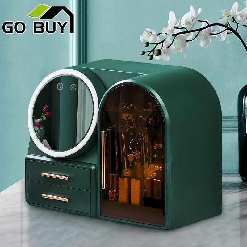 Giá trang sức gương mỹ phẩm để bàn đèn led hộp đựng đồ