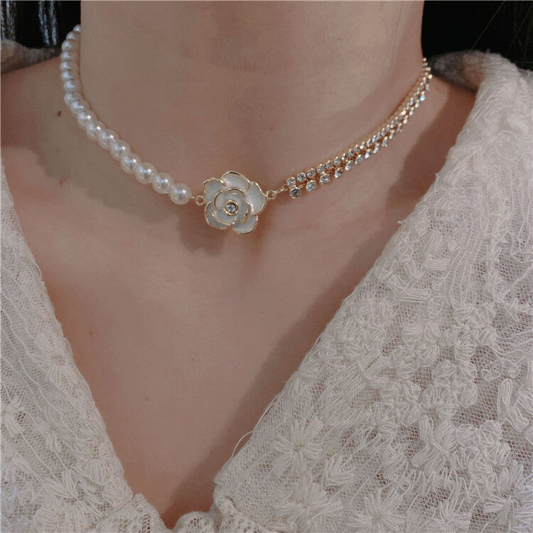 Chuỗi đeo cổ nữ thời trang hình hành tinh sang trọng ngọc trai hoa trà cổ điển pháp