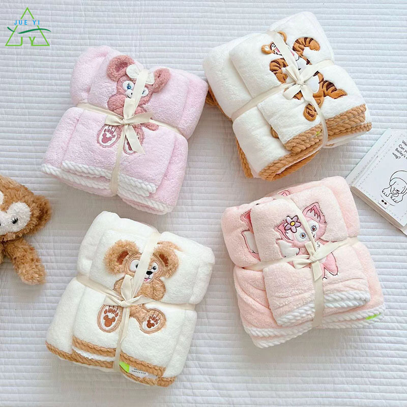 Ks vải nhung san hô khô nhanh khăn siêu mềm nước khăn tắm hai bộ thêu hoạt hình người lớn và trẻ em thông dụng