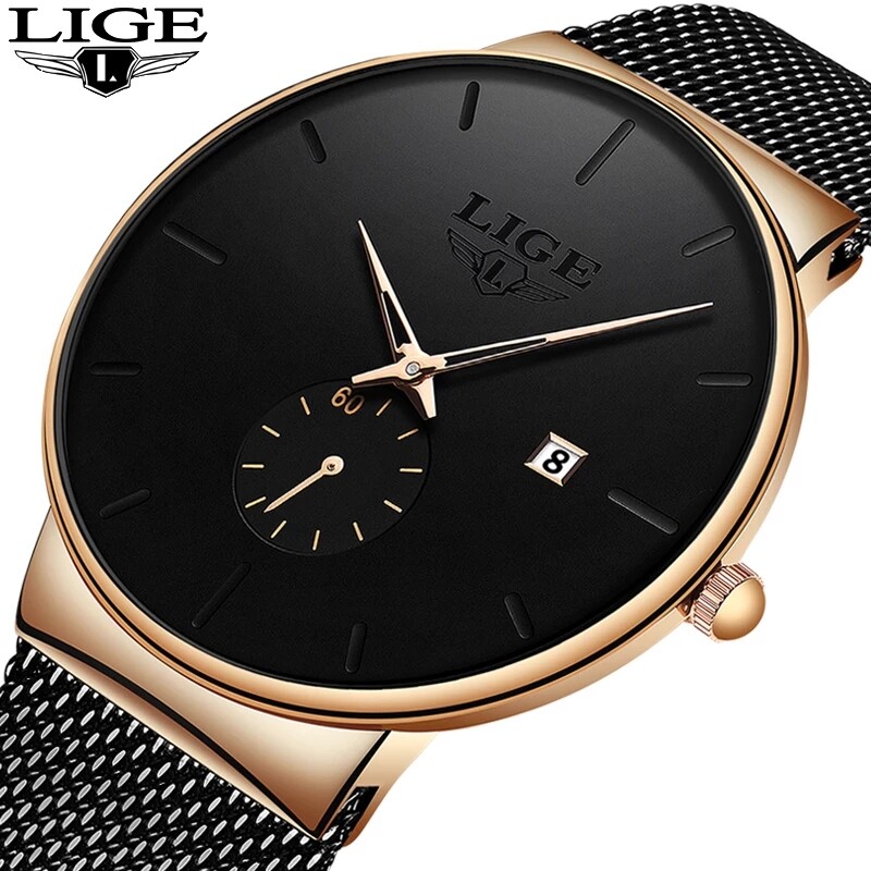 LIGE Đồng Hồ Nam mỏng thể thao thời trang Đồng Hồ Nam chống nước Với lịch lưới thép Đồng hồ nữ đồng hồ thạch anh + Hộp miễn phí
